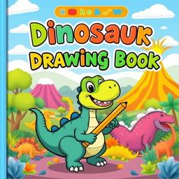 A colorful and engaging cover for a children's drawing book titled 'Dinosaur Drawing Book'