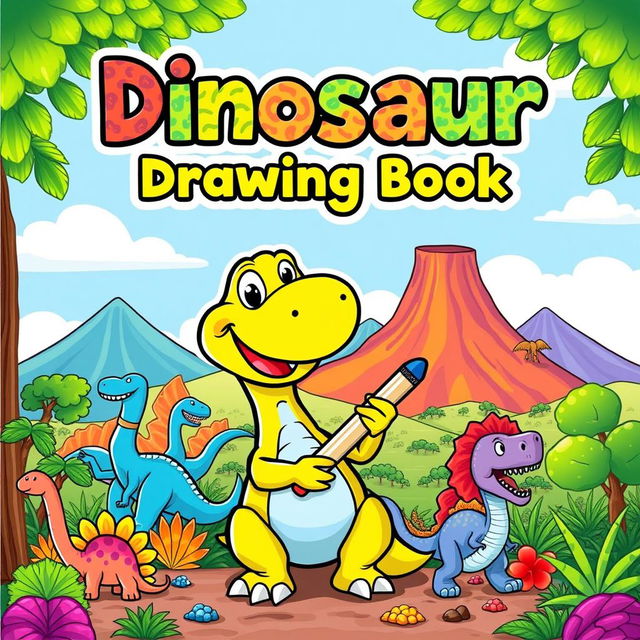 A colorful and engaging cover for a children's drawing book titled 'Dinosaur Drawing Book'