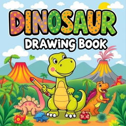 A colorful and engaging cover for a children's drawing book titled 'Dinosaur Drawing Book'