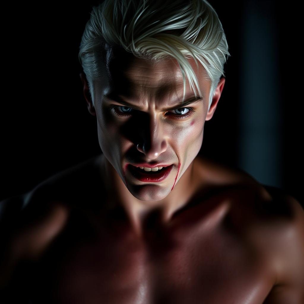 A striking image of Draco Malfoy with bloodied lips, showcasing a raw and intense expression