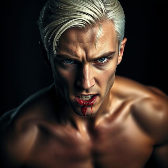 A striking image of Draco Malfoy with bloodied lips, showcasing a raw and intense expression