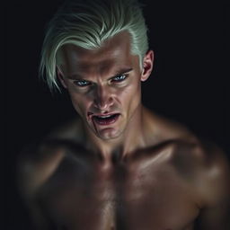 A striking image of Draco Malfoy with bloodied lips, showcasing a raw and intense expression