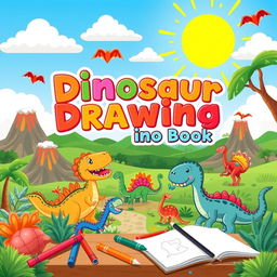 A vibrant and colorful children's book cover themed around dinosaurs, featuring a playful landscape with various dinosaurs such as a T-Rex, Triceratops, and Velociraptor