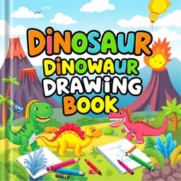 A vibrant and colorful children's book cover themed around dinosaurs, featuring a playful landscape with various dinosaurs such as a T-Rex, Triceratops, and Velociraptor