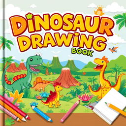 A vibrant and colorful children's book cover themed around dinosaurs, featuring a playful landscape with various dinosaurs such as a T-Rex, Triceratops, and Velociraptor