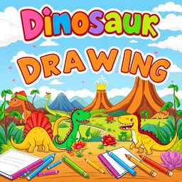A vibrant and colorful children's book cover themed around dinosaurs, featuring a playful landscape with various dinosaurs such as a T-Rex, Triceratops, and Velociraptor