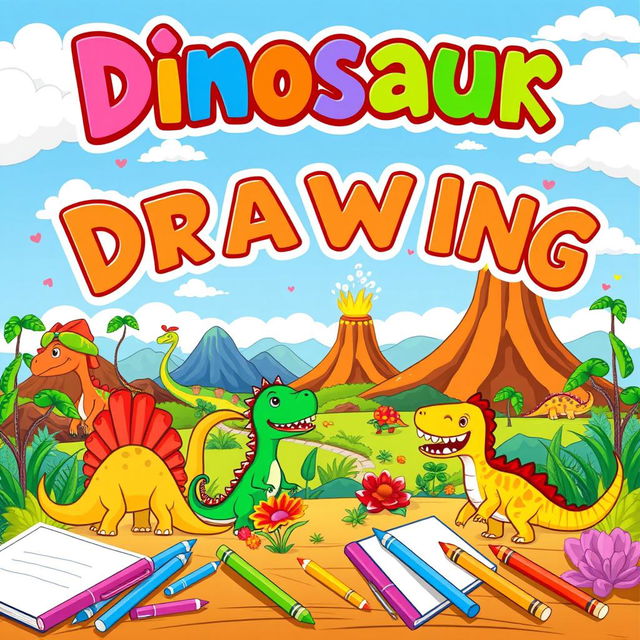 A vibrant and colorful children's book cover themed around dinosaurs, featuring a playful landscape with various dinosaurs such as a T-Rex, Triceratops, and Velociraptor