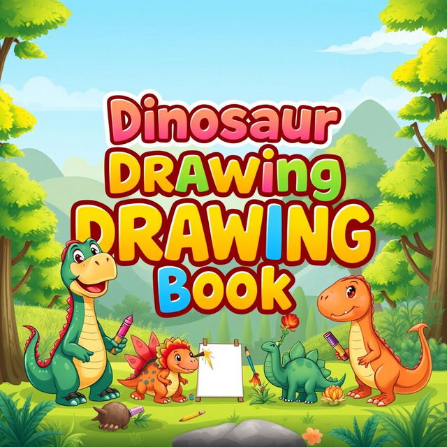 A playful and colorful cover design for a children's book titled 'Dinosaur Drawing Book'