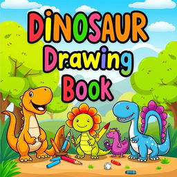 A playful and colorful cover design for a children's book titled 'Dinosaur Drawing Book'