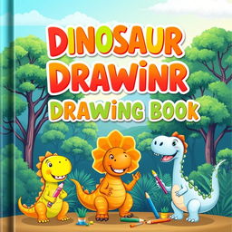 A playful and colorful cover design for a children's book titled 'Dinosaur Drawing Book'