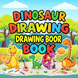 A playful and colorful cover design for a children's book titled 'Dinosaur Drawing Book'
