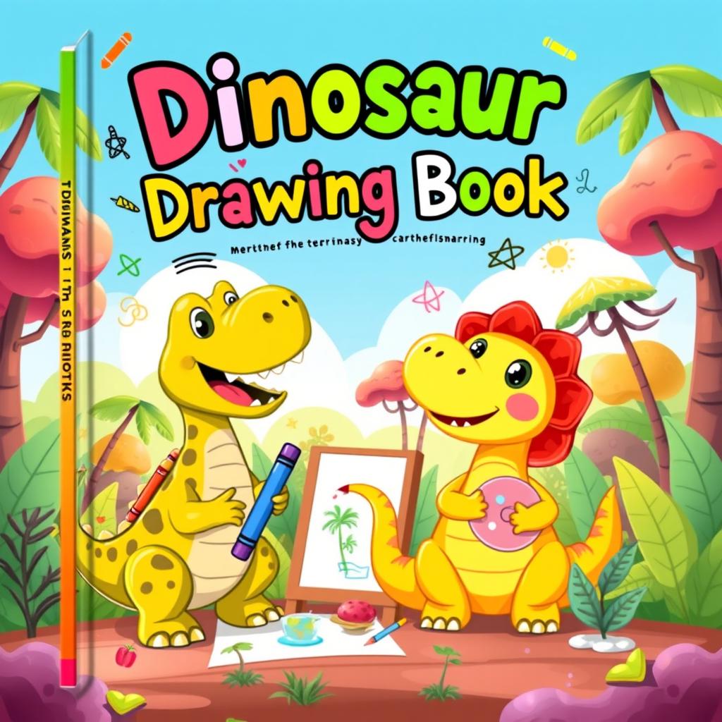 A colorful and playful children's book cover featuring cute cartoon dinosaurs engaged in fun activities