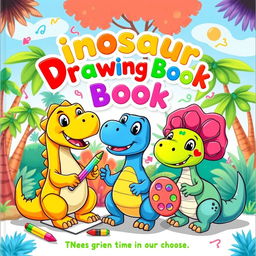 A colorful and playful children's book cover featuring cute cartoon dinosaurs engaged in fun activities