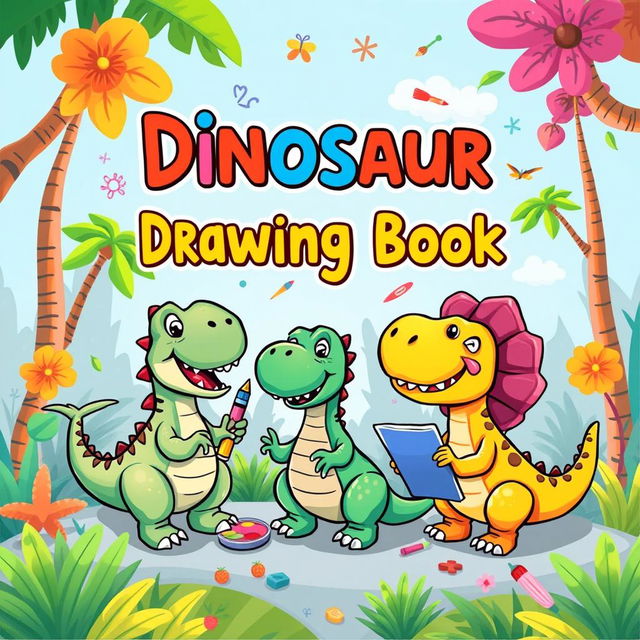 A colorful and playful children's book cover featuring cute cartoon dinosaurs engaged in fun activities