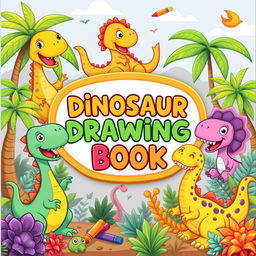 A colorful and playful children's book cover featuring cute cartoon dinosaurs engaging in fun activities