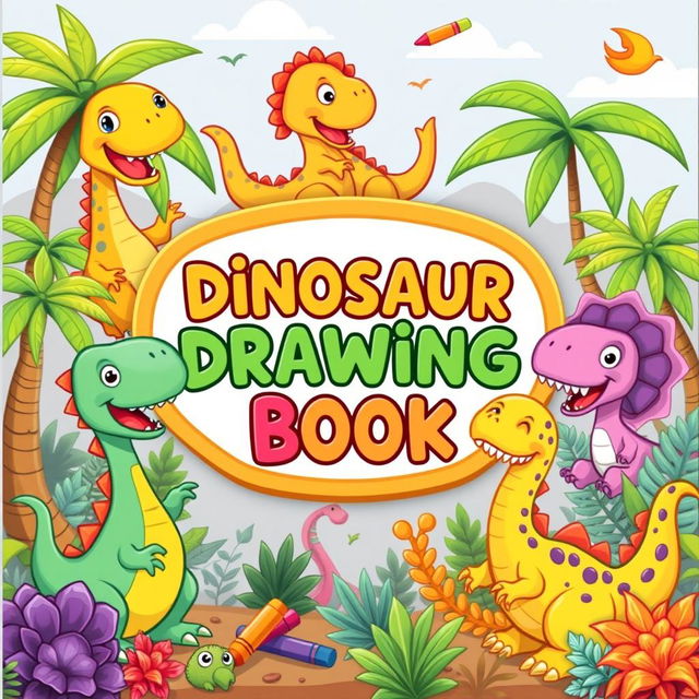 A colorful and playful children's book cover featuring cute cartoon dinosaurs engaging in fun activities