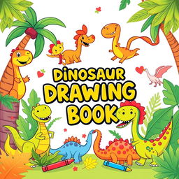 A colorful and playful children's book cover featuring cute cartoon dinosaurs engaging in fun activities