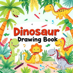 A colorful and playful children's book cover featuring cute cartoon dinosaurs engaging in fun activities