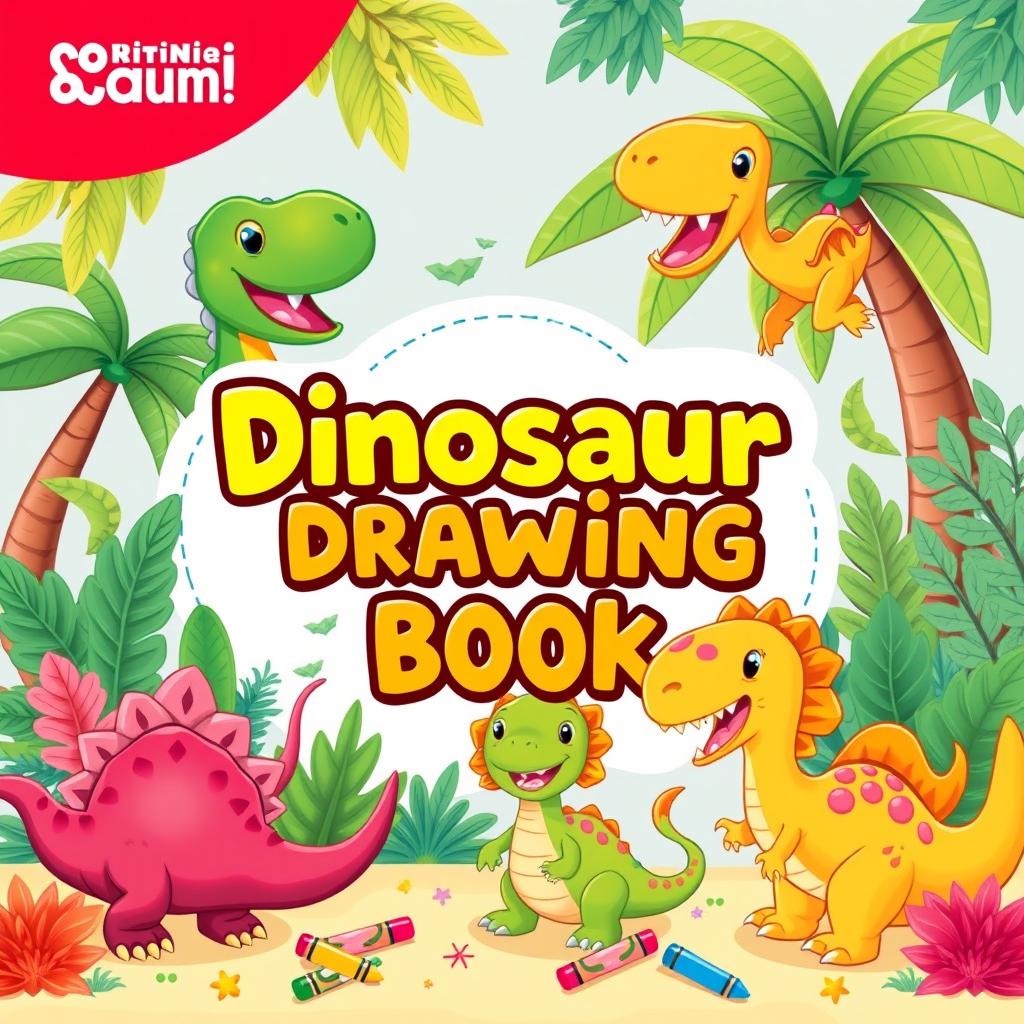 A colorful and playful children's book cover featuring cute cartoon dinosaurs engaging in fun activities