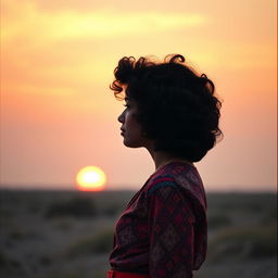 A profile view of a person with beautifully styled black curly hair, gazing thoughtfully at the horizon