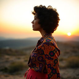 A profile view of a person with beautifully styled black curly hair, gazing thoughtfully at the horizon