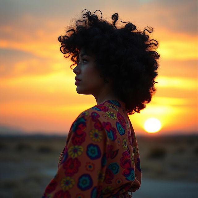 A profile view of a person with beautifully styled black curly hair, gazing thoughtfully at the horizon