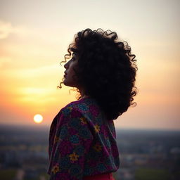A profile view of a person with beautifully styled black curly hair, gazing thoughtfully at the horizon