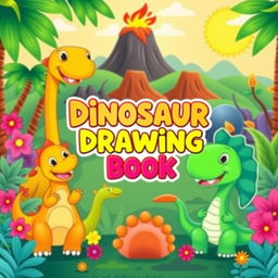 A vibrant and colorful children's book cover featuring cute and friendly dinosaurs in a playful setting