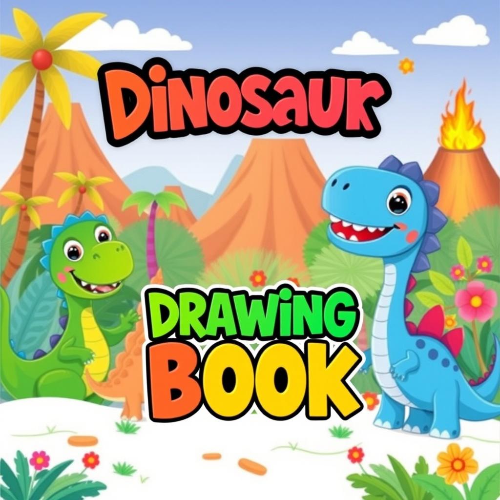 A vibrant and colorful children's book cover featuring cute and friendly dinosaurs in a playful setting