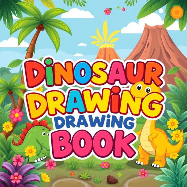 A vibrant and colorful children's book cover featuring cute and friendly dinosaurs in a playful setting