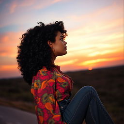 A profile view of a young white woman with striking black curly hair, gazing thoughtfully at the horizon