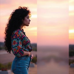 A profile view of a young white woman with striking black curly hair, gazing thoughtfully at the horizon