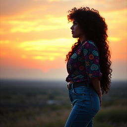A profile view of a young white woman with striking black curly hair, gazing thoughtfully at the horizon