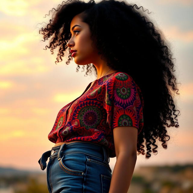 A profile view of a young white woman with striking black curly hair, gazing thoughtfully at the horizon