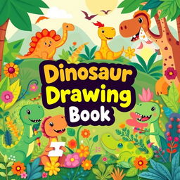 A colorful and playful children's book cover featuring cute cartoon dinosaurs in a whimsical prehistoric jungle