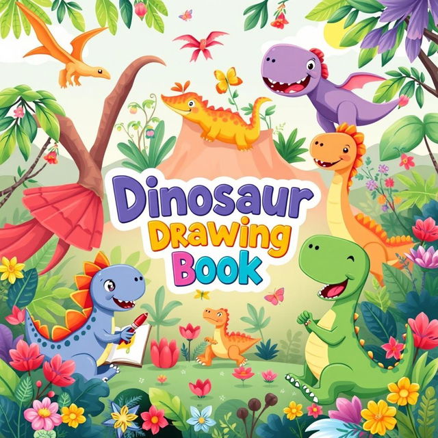 A colorful and playful children's book cover featuring cute cartoon dinosaurs in a whimsical prehistoric jungle