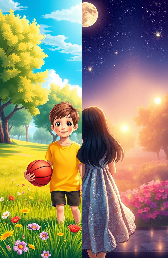 A split scene depicting a boy during the day on the left side and a girl at night on the right side