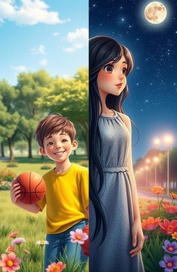 A split scene depicting a boy during the day on the left side and a girl at night on the right side