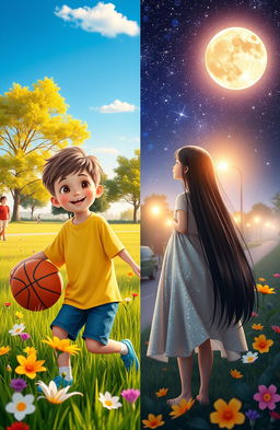 A split scene depicting a boy during the day on the left side and a girl at night on the right side