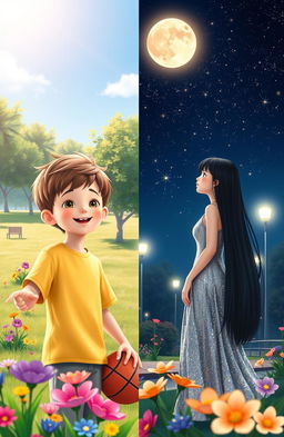 A split scene depicting a boy during the day on the left side and a girl at night on the right side
