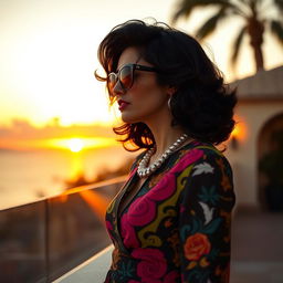 A profile view of a young white woman with elegant black curls, looking thoughtfully at the horizon
