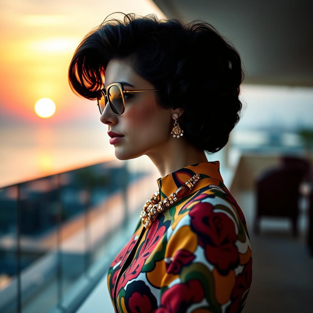 A profile view of a young white woman with elegant black curls, looking thoughtfully at the horizon