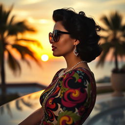 A profile view of a young white woman with elegant black curls, looking thoughtfully at the horizon