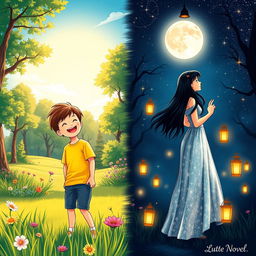 A picturesque illustration representing a novel cover, featuring a boy during the day on the left and a girl at night on the right