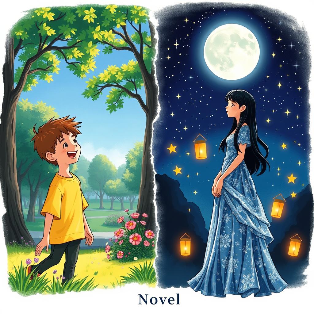 A picturesque illustration representing a novel cover, featuring a boy during the day on the left and a girl at night on the right