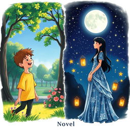 A picturesque illustration representing a novel cover, featuring a boy during the day on the left and a girl at night on the right