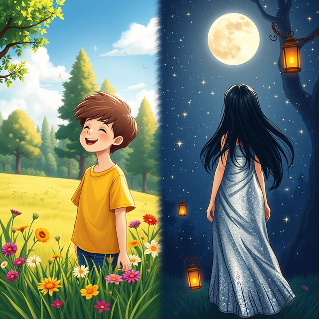 A picturesque illustration representing a novel cover, featuring a boy during the day on the left and a girl at night on the right