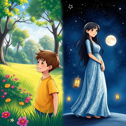 A picturesque illustration representing a novel cover, featuring a boy during the day on the left and a girl at night on the right