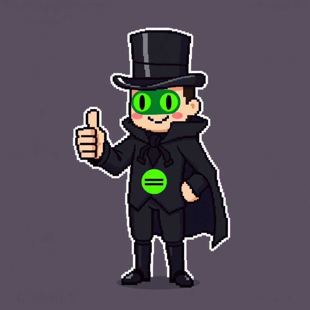 A character in a pixel art style, dressed in an elegant black outfit with a cloak and a top hat, giving a thumbs up