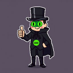 A character in a pixel art style, dressed in an elegant black outfit with a cloak and a top hat, giving a thumbs up